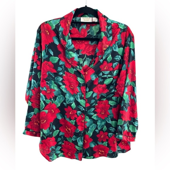 Vintage Victoria's Secret Gold Label Red Floral Silky Oversized Pajama Top - Picture 1 of 6